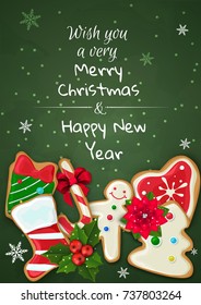 Christmas card with cookies and holly berries.