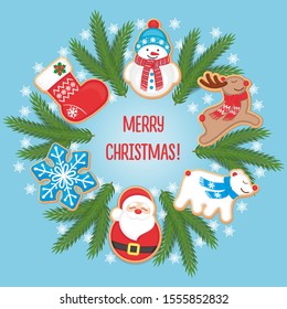 CHRISTMAS CARD WITH COOKIES SANTA, DEER, POLAR BEAR, SNOWFLAKE, SNOWMAN, STOCKING AND FIR BRANCHES