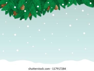 Christmas card with copy space for text. Vector christmas card of fir branch, cone and snowflakes on   abstract background.