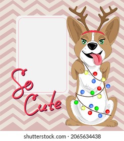 
Christmas card with a corgi puppy. Cute corgi with deer antlers and christmas garland.