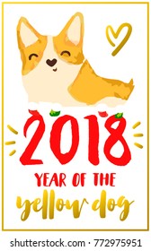 Christmas card with corgi in the socks and text 2018 year of the yellow dog