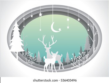 Christmas card with countryside, reindeer and moon