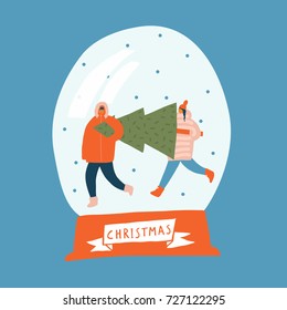 Christmas card with couple carry fir tree to home in snowing globe. Winter holiday collection