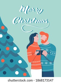 Christmas card. A couple hugs next to a Christmas tree. Lettering Merry Christmas. Vector illustration. Banner, poster, template.