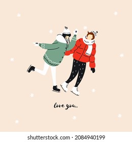 A Christmas card with a couple in love on skates in a flat style. Love you. Doodle, a hand-drawn illustration. Vector.