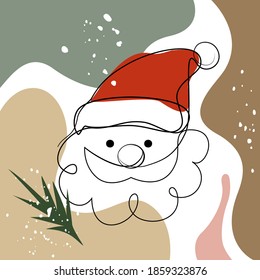 Christmas card, cover abstract modern background - Santa Claus one continuous line drawing and flowing shapes of traditional New Year colors.