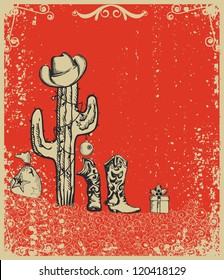 Christmas card with cowboy boots and cactus on old grunge paper