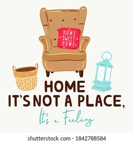 Christmas card. Cozy armchair with pillow, basket and lamp. Home it’s not a place, it’s a feeling. Colorful vector illustration.