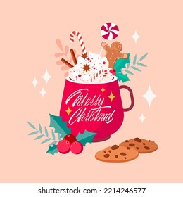 Christmas card with cozy red cup of cocoa with cream, marshmallow, gingerbread man and cinnamon and traditional christmas plants, mistletoe, poinsettia, winter flat illustration on light background. 