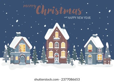 Christmas card. Cozy winter houses in Scandinavian style. Editable vector illustration for Christmas invitation, card and website banner. Scandinavian architecture