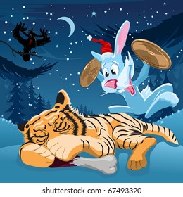 Christmas Card crazy rabbit awakes a sleeping tiger in night winter forest with orchestral cymbals to scare and drive away