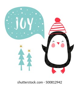 Christmas card. Creative hand drawn card with cute penguin.Vector cartoon illustration.