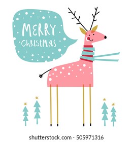 Christmas card. Creative hand drawn card with cute deer .Vector cartoon illustration.