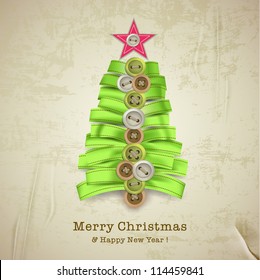 Christmas card with creative christmas tree made of ribbons