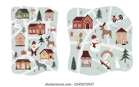 Christmas card creator hand drawn. Cute vector illustration in cartoon style, for your design poster, cards, website. Houses, snowmen, trees, Santa