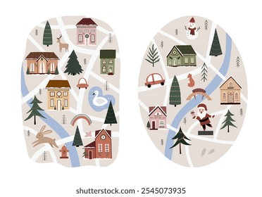 Christmas card creator hand drawn. Cute vector illustration in cartoon style, for your design poster, cards, website. Houses, snowmen, trees, Santa