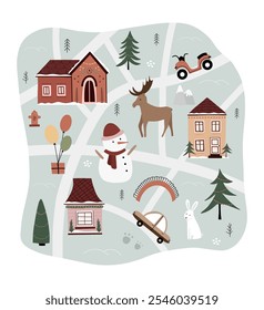 Christmas card creator hand drawn. Cute vector illustration in cartoon style, for your design poster, cards, website. Houses, snowman, trees, Santa