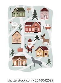 Christmas card creator hand drawn. Cute vector illustration in cartoon style, for your design poster, cards, website. Houses, fir trees, wolf, gnome, elf, moose, car