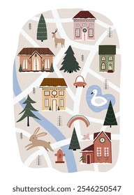 Christmas card creator hand drawn. Cute vector illustration in cartoon style, for your design poster, cards, website. Christmas tree, house, lake, hare, rabbit, car