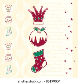 Christmas card with crown pudding and stocking