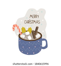 Christmas card with cup of cacao, marshmallow and cinnamon. Cute holiday print. Vector hand drawn illustration.