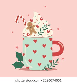 Christmas card with a cup of coffee. Christmas mug, Christmas holiday hot drinks, Holiday winter with drink menu. 