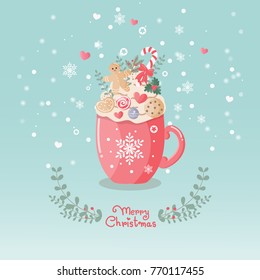 Christmas card with cup of coffee and whipped cream on top, decorated with ginger cookies,candy and flowers, snowflakes on blue background. Vector illustration.  