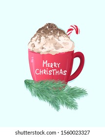 Christmas card with a cup of hot chocolate and spruce branches. Hand drawn vector illustration.