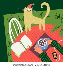 Christmas card with a cup of hot chocolate and a cute cat. Vector