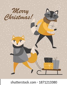 Christmas card with cute animals.
Forests and Raccoon return from shopping with purchases for the New Year on a beige background.
Vector illustration.