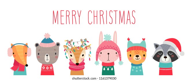 Christmas card with Cute animals. Hand drawn characters. Greeting flyers. Vector illustration.