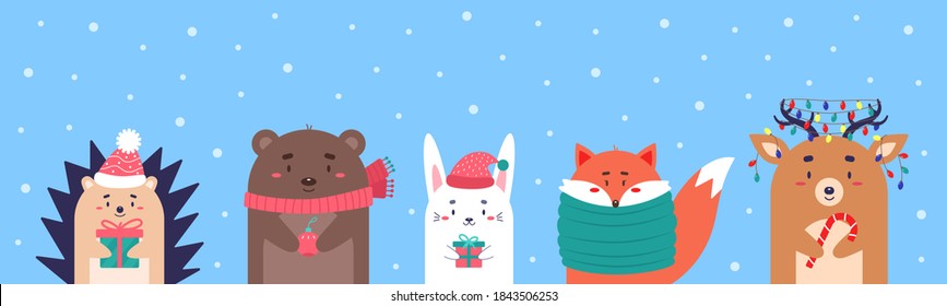 Christmas card with cute animals. Hedgehog, bear, rabbit, fox, deer with presents. Merry christmas and happy new year. Vector illustration