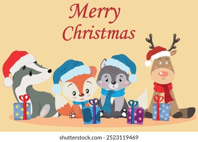 A Christmas card with cute animals in Santa hats. Merry Christmas vector background.