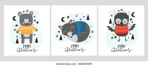 Christmas card with cute animals. Scandinavian style and minimalism