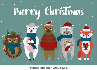 Christmas card with cute animals. Use these cuties to create your own postcards!