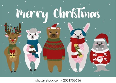 Christmas card with cute animals. Use these cuties to create your own postcards!