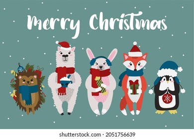 Christmas card with cute animals. Use these cuties to create your own postcards!