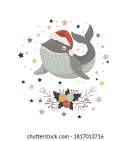 Christmas card with cute baby whale in santa hat on white background. Vector illustration.