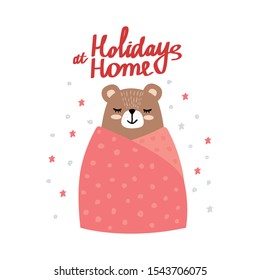 Christmas Card with Cute Bear in the blanket. Vector illustration