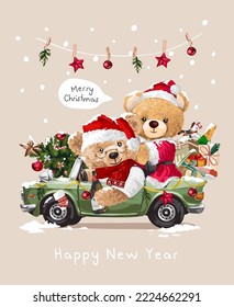 Christmas card with cute bear doll couple and Christmas tree vector illustration