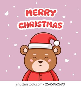 Christmas card with cute bear dressed in Santa Claus costume. Vector illustration in cartoon style