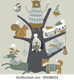 Christmas card with cute christmas bear, fox, deer, hare, birds, owl and squirrel sitting on a tree in cartoon style