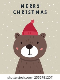 A Christmas card with a cute bear. A hand drawn greeting card. Vector illustration. A cartoon bear in a Santa hat