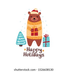 Christmas Card with Cute Bear Vector illustration