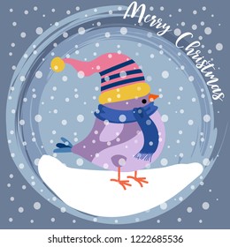 Christmas card with cute bird. Flat design. Vector