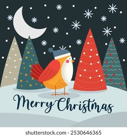 Christmas card with cute bird. Postcards with lettering and Christmas background. Vector illustration.