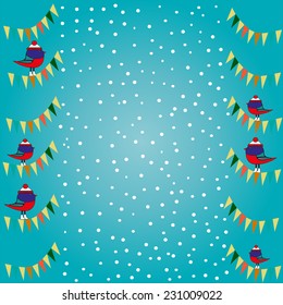 Christmas card with cute birds in a cap and flags