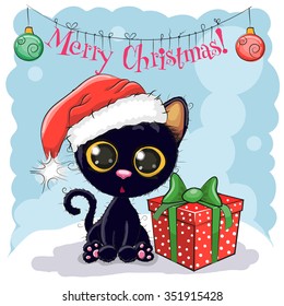 Christmas card Cute Black Cat in a Santa hat with gift
