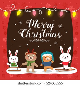 Christmas card with cute cartoon animals 