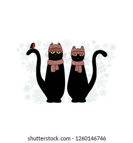 Christmas card with cute cartoon black cats and snowflake on white background